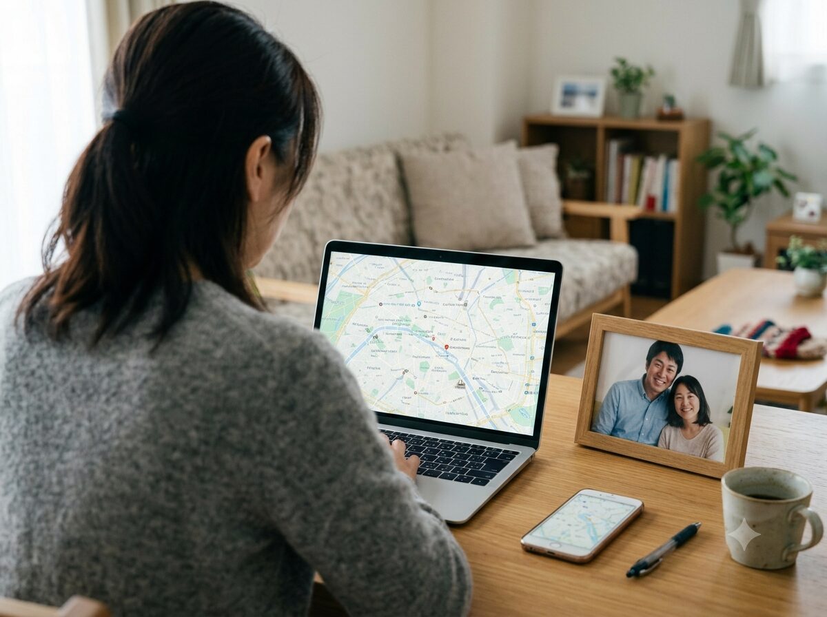 海外にいる家族の行方を心配しながら情報を調べる女性