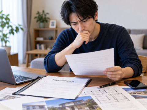 不動産売買契約書を確認しながら契約トラブルに悩む男性