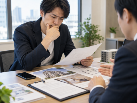 不動産売買の契約書や物件資料を確認しながら不安そうな表情を浮かべる男性