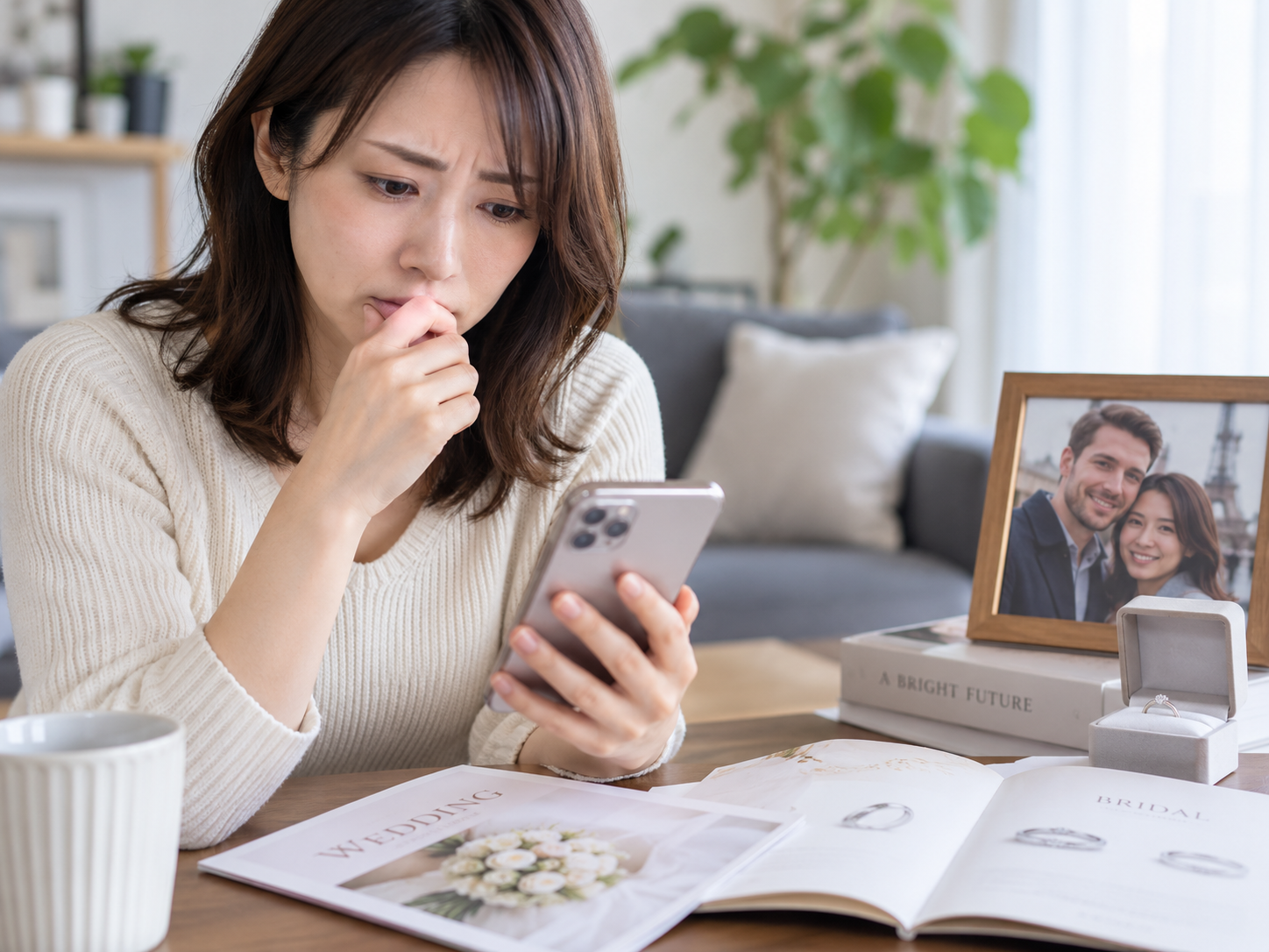 外国人パートナーとの結婚に不安を感じスマートフォンを確認する女性