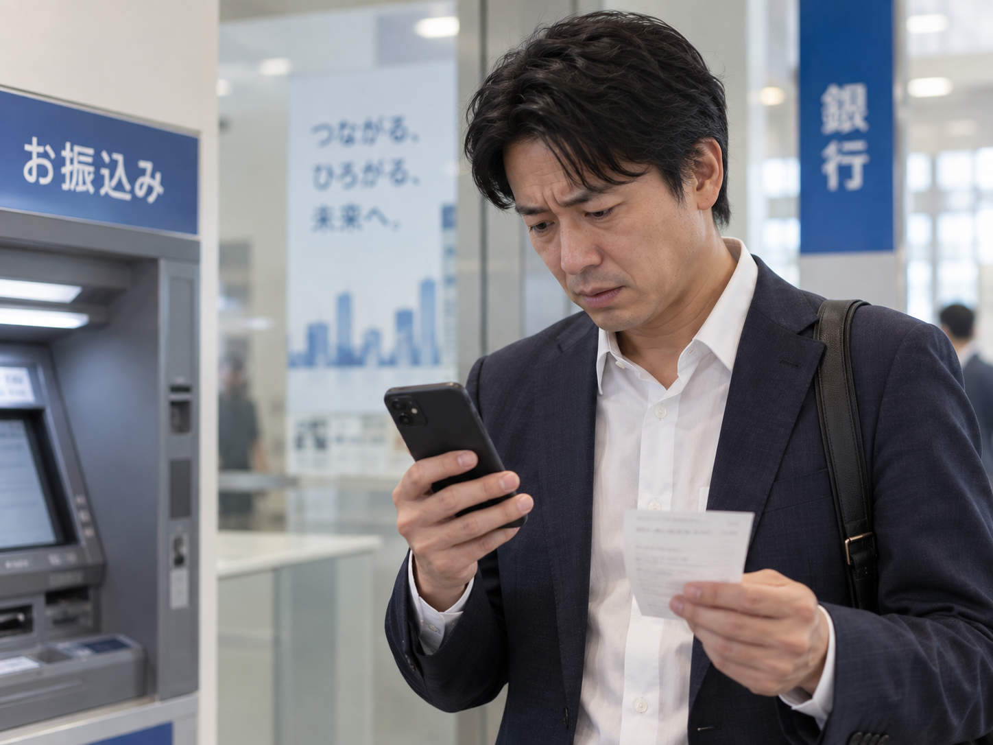 国際ロマンス詐欺を疑い送金後にスマートフォンを確認する男性