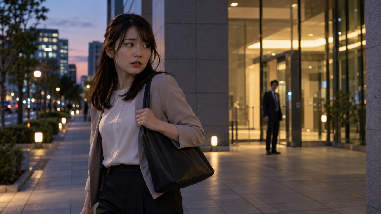 退勤後のオフィス前で、背後に立つ男性を不安そうに振り返る女性