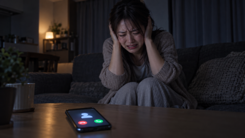 暗い自宅で着信中のスマートフォンを前に、両耳を塞いで涙を浮かべる女性