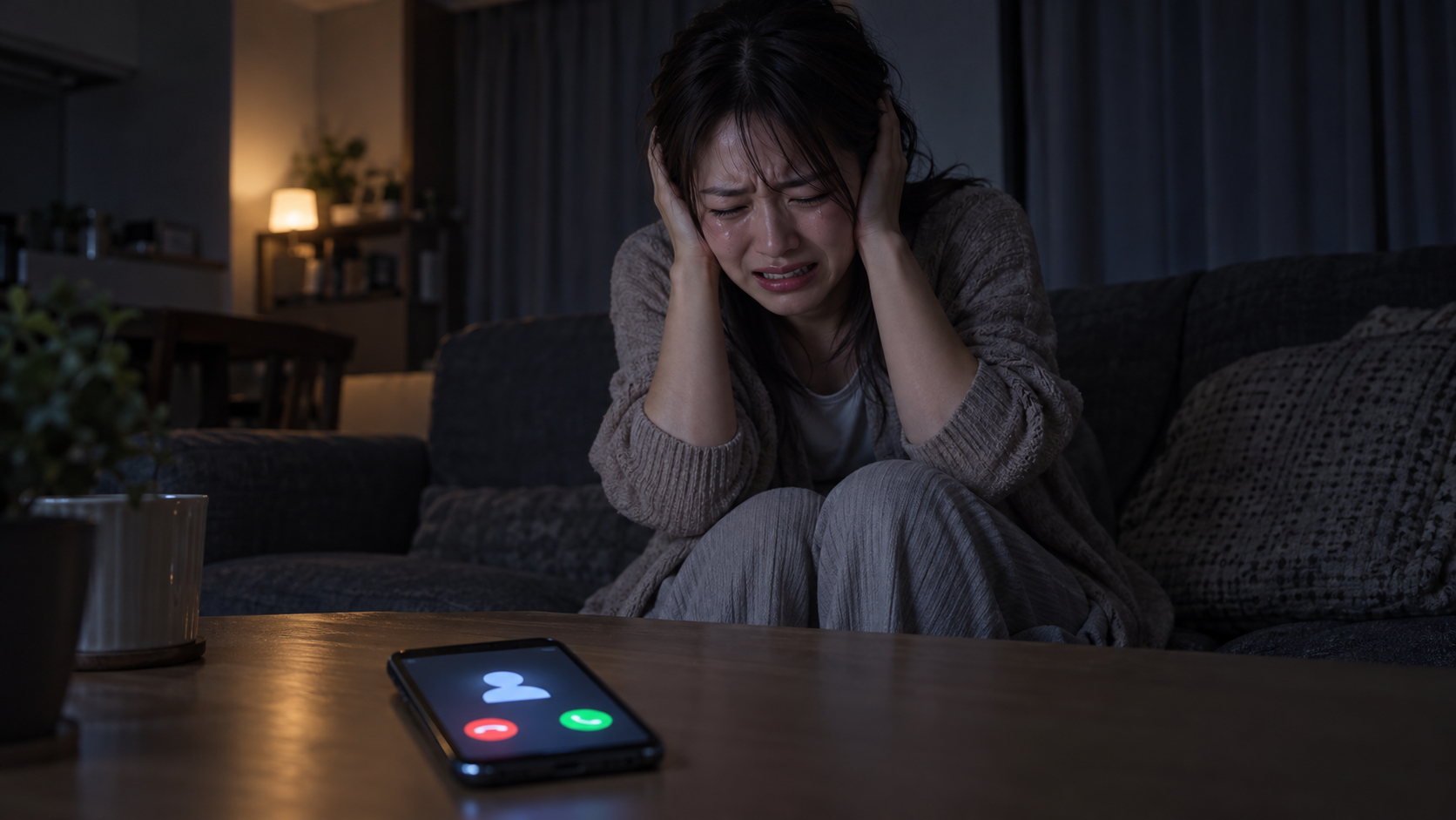 暗い自宅で着信中のスマートフォンを前に、両耳を塞いで涙を浮かべる女性